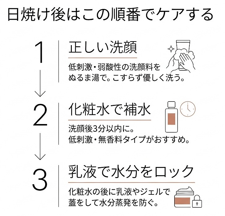 洗顔→化粧水→乳液の3ステップフロー図