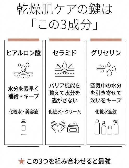 ヒアルロン酸・セラミド・グリセリンの3成分の役割を比較した図