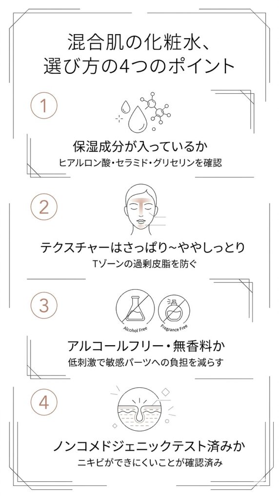 混合肌の化粧水選び4つのポイントを図で整理(保湿成分・テクスチャー・低刺激・ノンコメドジェニック)