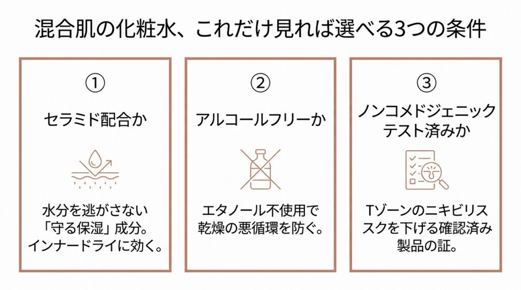 混合肌がインナードライでも使える化粧水、選ぶときの3つの条件を示した図
