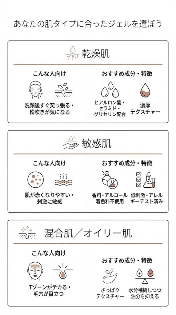 乾燥肌・敏感肌・混合肌/オイリー肌の3タイプ別に選ぶべきジェルの特徴を図で整理
