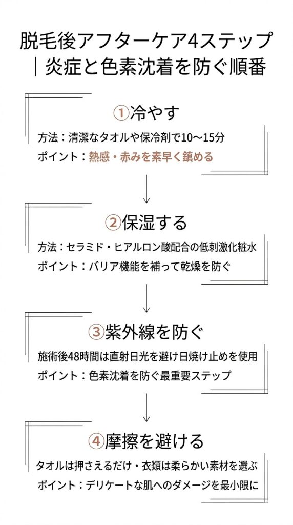 施術後の4ステップケア(冷やす→保湿→紫外線対策→摩擦を避ける)を番号付きで図解