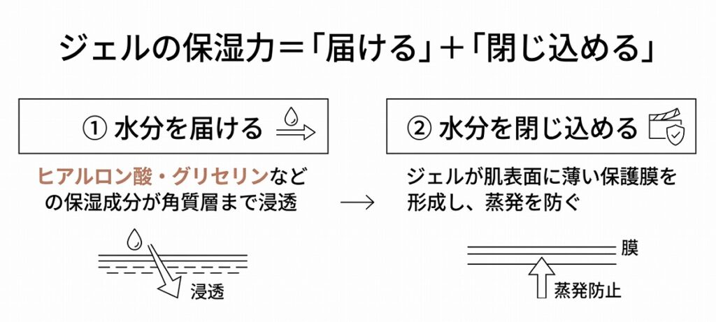 水分を「届ける＋閉じ込める」二段構えの仕組みのフロー図