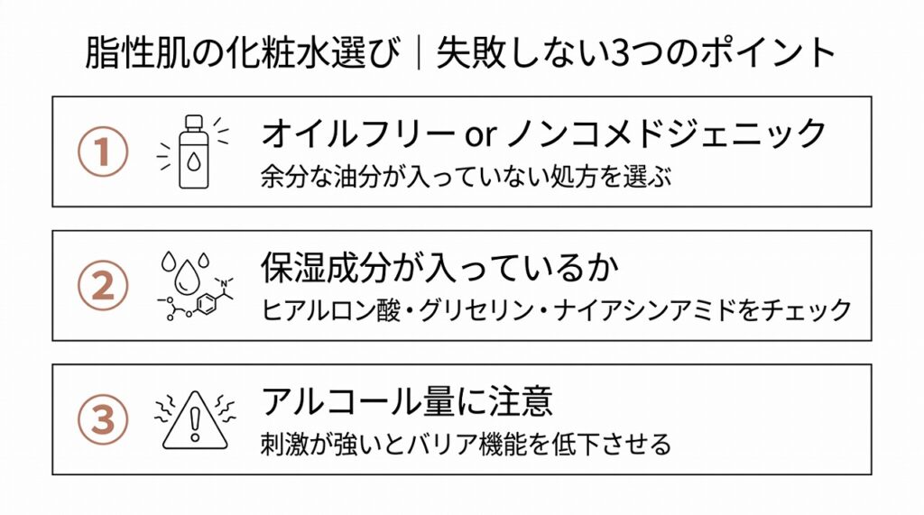 オイルフリー・保湿成分・アルコールの3つのポイントを示す図解