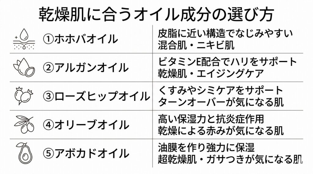 乾燥肌におすすめのジェル用オイル成分5種類の比較