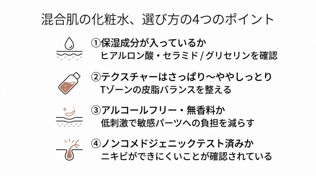 混合肌の化粧水選び4つのポイントを図で整理(保湿成分・テクスチャー・低刺激・ノンコメドジェニック)