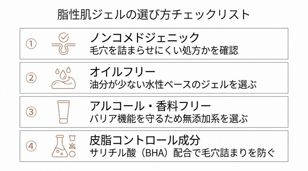 脂性肌向けジェル選びの4つのチェックポイント(ノンコメドジェニック・オイルフリー・アルコールフリー・皮脂コントロール成分)をまとめたフロー図