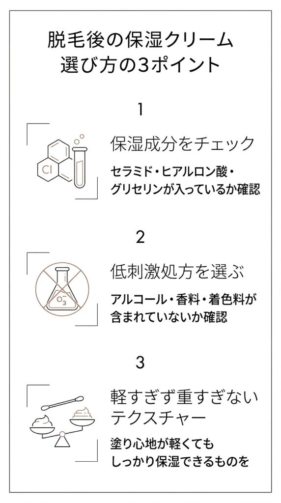 保湿クリーム選びの3つのポイント（保湿成分・低刺激処方・テクスチャー）を示した図