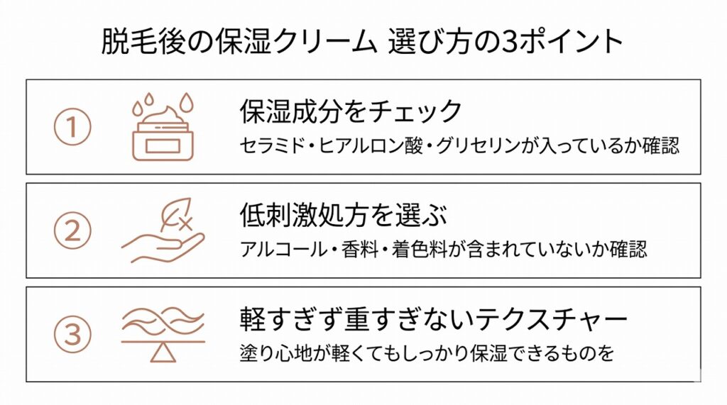 保湿クリーム選びの3つのポイント(保湿成分・低刺激処方・テクスチャー)を示した図