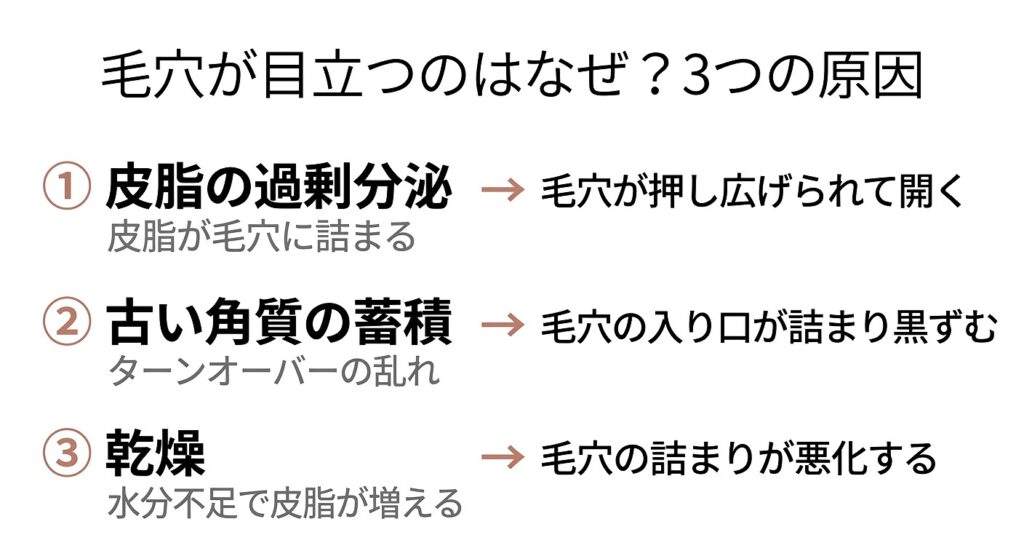毛穴が目立つ3つの原因（皮脂の過剰分泌・古い角質の蓄積・乾燥）をフロー図で示す