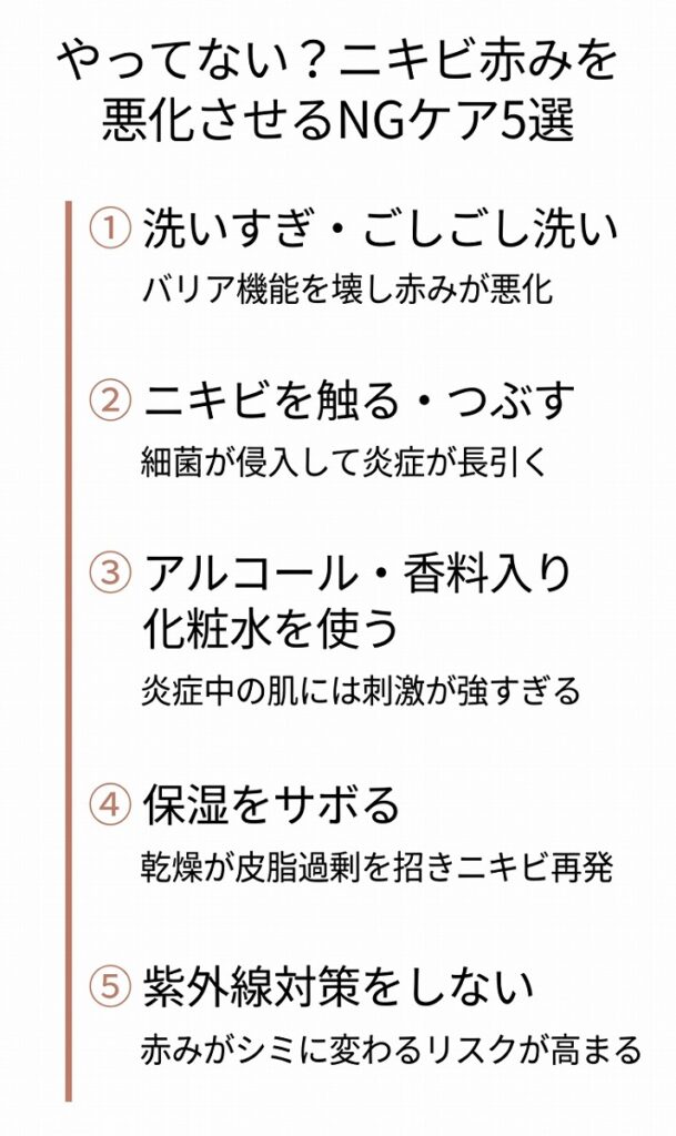 NGケア5項目（洗いすぎ・つぶす・アルコール・保湿不足・紫外線対策なし）を一覧化したインフォグラフィック