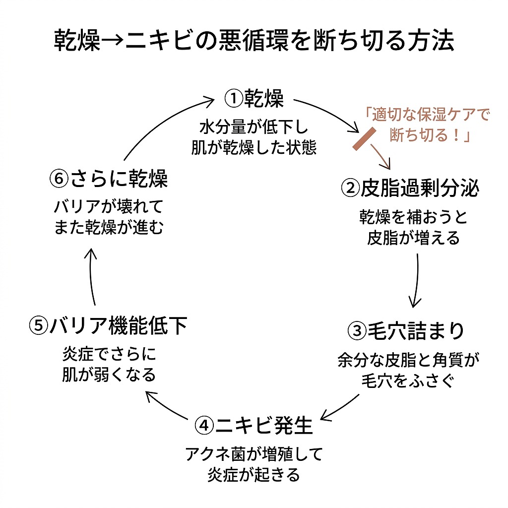 乾燥→皮脂過剰分泌→毛穴詰まり→ニキビ発生、という悪循環フロー図