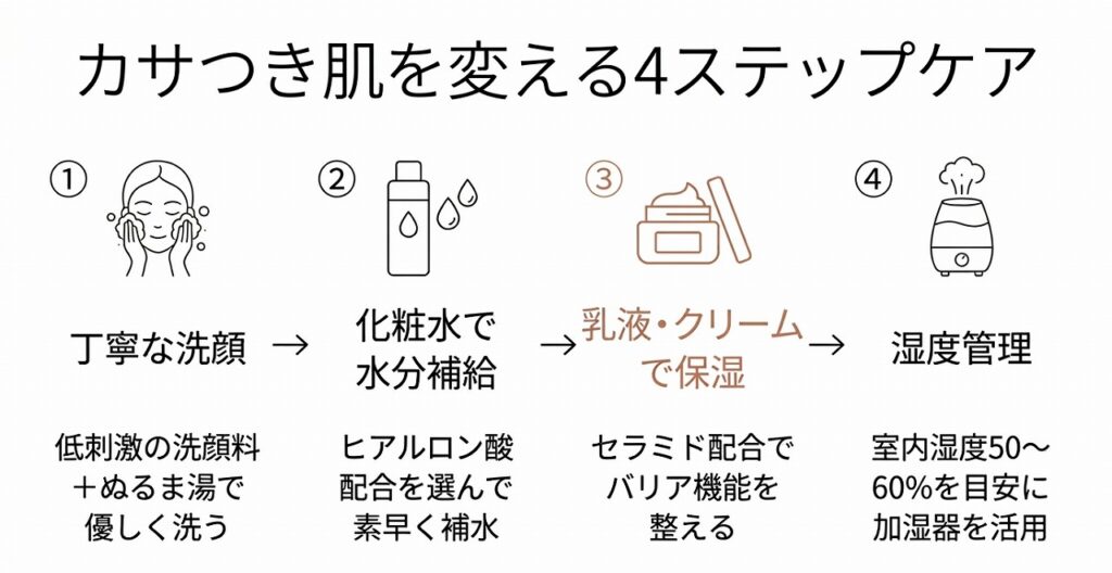 洗顔→化粧水→乳液・クリーム→湿度管理の4ステップを縦型フロー図で示す