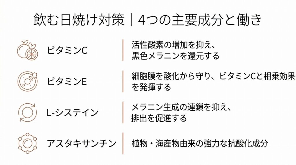 ビタミンC・ビタミンE・L-システイン・ポリフェノール/アスタキサンチンの4成分と、それぞれの働きを図解で示す