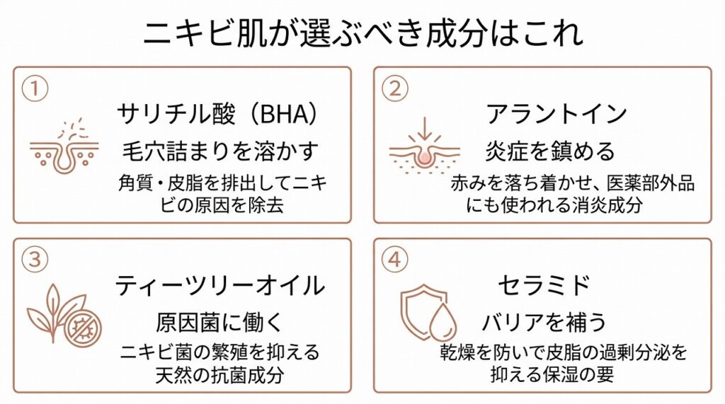 サリチル酸・アラントイン・ティーツリーオイル・セラミドの4成分の役割を図で示す