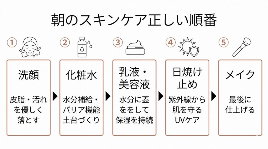 朝のスキンケアステップを順番に図示（洗顔→化粧水→乳液・美容液→日焼け止め→メイク）