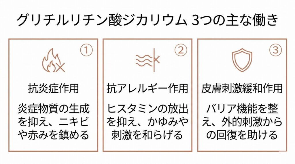 グリチルリチン酸ジカリウムの3つの働き(①抗炎症作用、②抗アレルギー作用、③皮膚刺激緩和作用)を横並びカード型で図解する