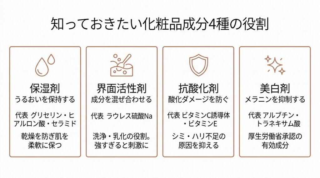 化粧品の主要成分4種（保湿剤・界面活性剤・抗酸化剤・美白剤）の役割を横並びカード型で整理