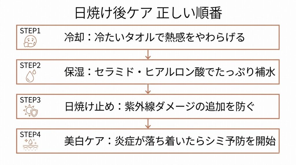 STEP1冷却→STEP2保湿→STEP3日焼け止め→STEP4美白ケアの4ステップフロー