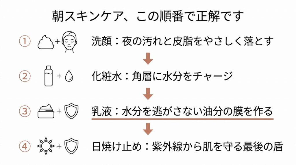 朝スキンケア4ステップ（洗顔→化粧水→乳液→日焼け止め）のフロー図