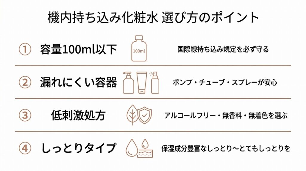 機内持ち込み化粧水を選ぶ4つのポイントを縦並びリストで図解
