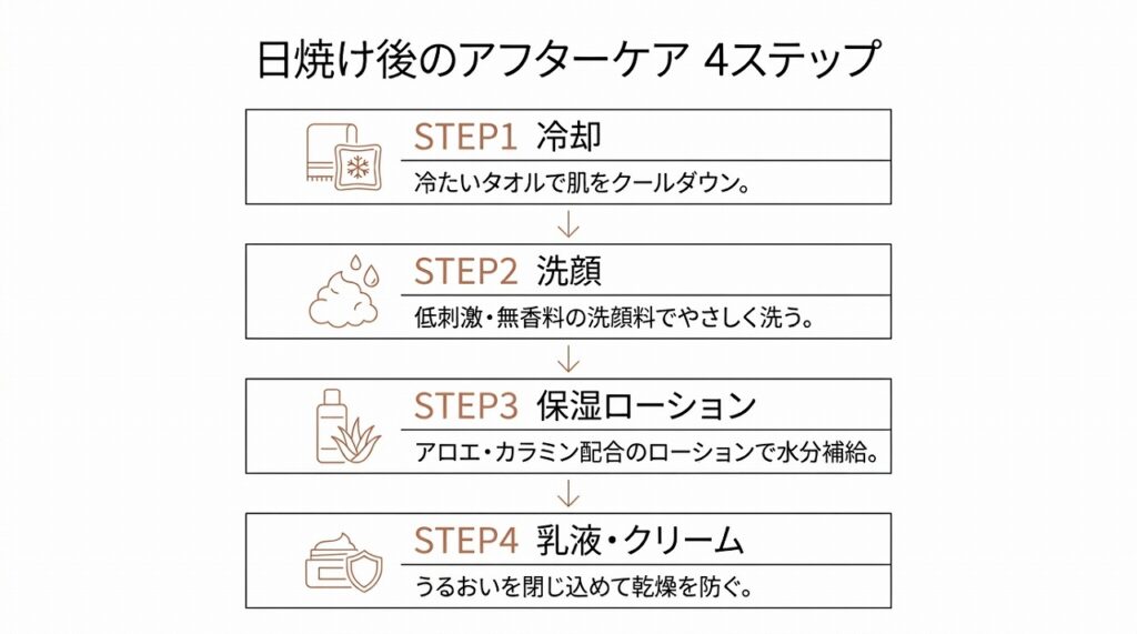 日焼け後のケア手順（冷却→洗顔→保湿ローション→乳液・クリーム）を4ステップのフロー図で示す