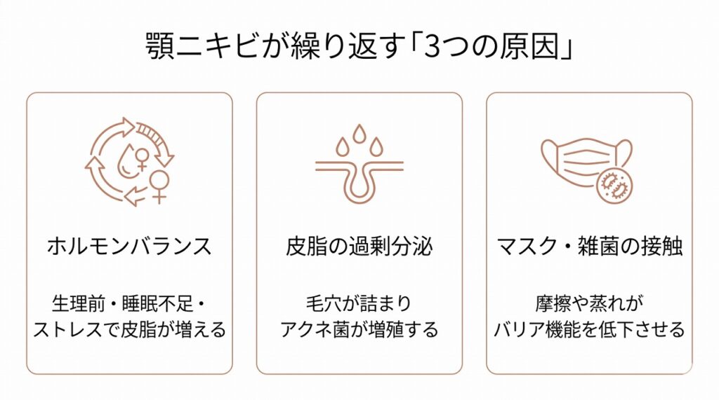 顎ニキビの原因(ホルモン・皮脂・マスク・雑菌接触)を横並びカード型で図解