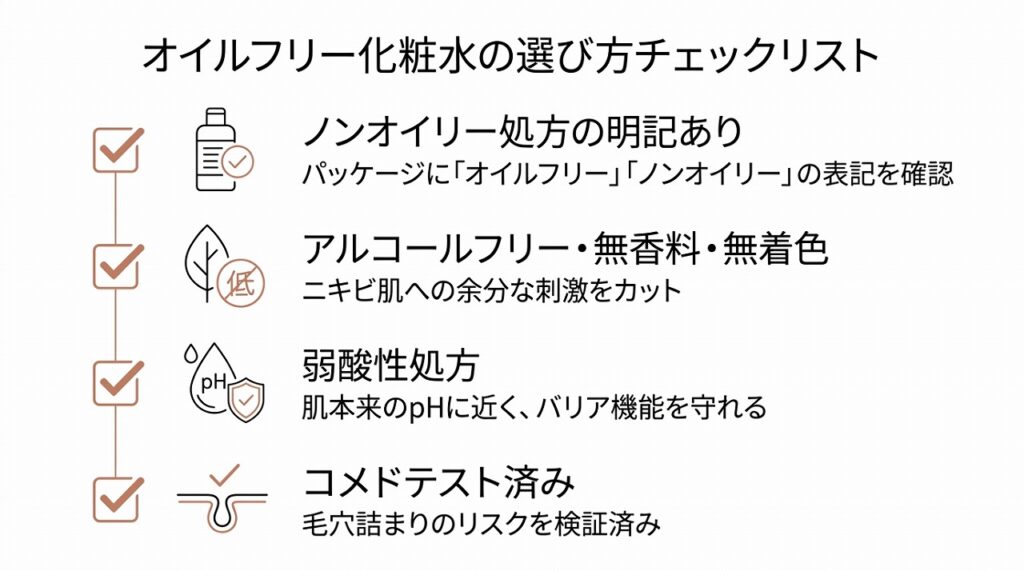 オイルフリー化粧水を選ぶ4つのチェックポイントを縦のフロー図で表示