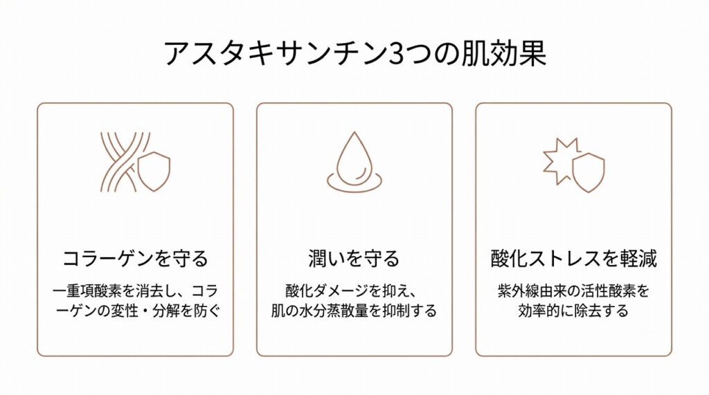 アスタキサンチンの3つの肌への効果(コラーゲンを守る・潤いを守る・酸化ストレスを軽減)を視覚的に示す