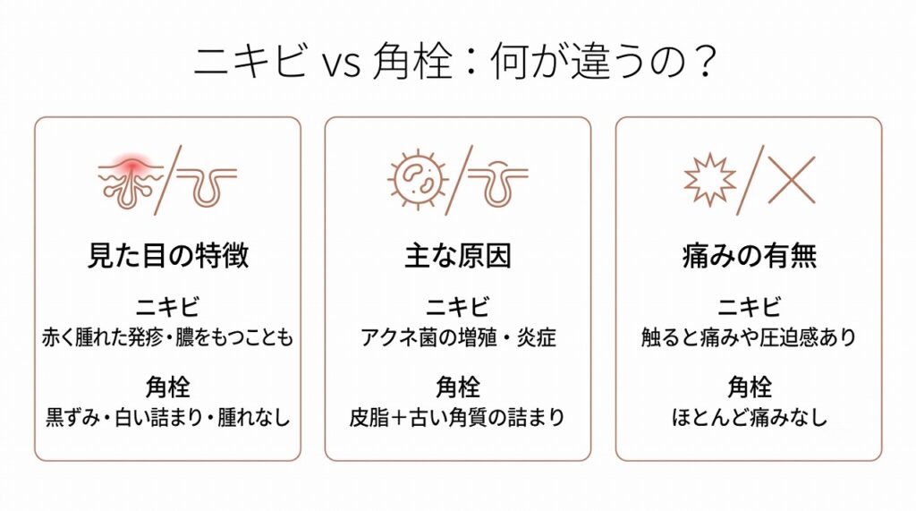 ニキビと角栓の違いを3項目で比較した横並びカード型図解