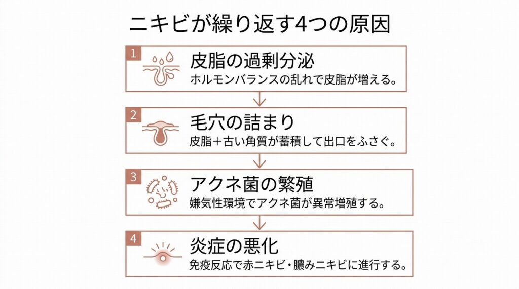 皮脂過剰分泌→毛穴詰まり→アクネ菌繁殖→炎症の4ステップの流れ