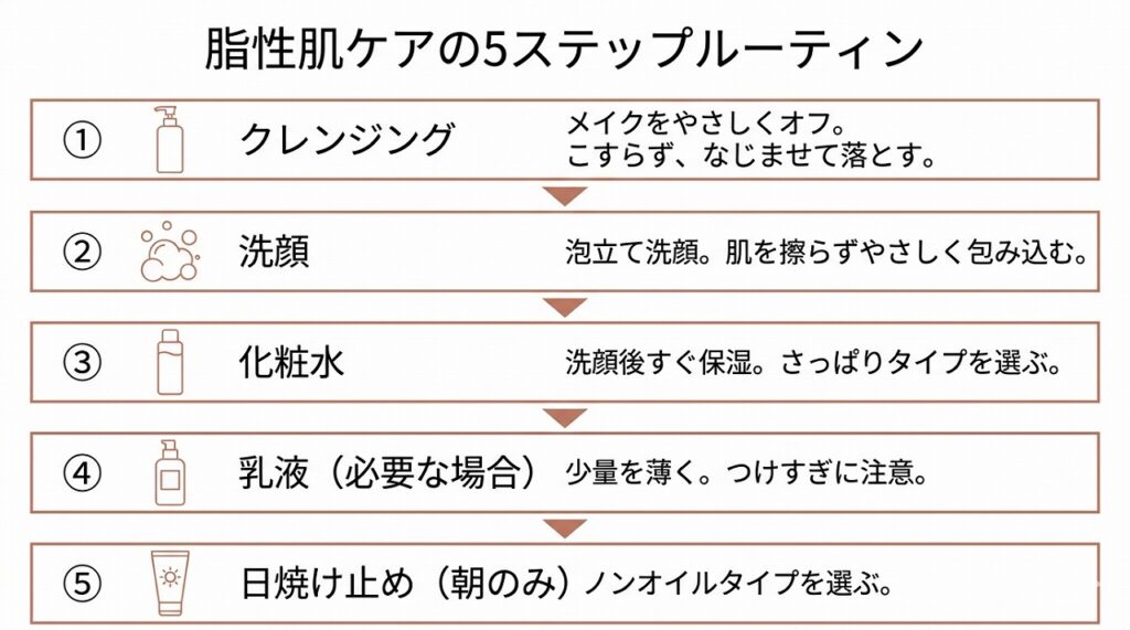 脂性肌ケアの5ステップ(クレンジング→洗顔→化粧水→乳液→日焼け止め)のフロー図