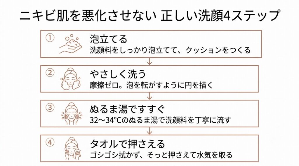 正しい洗顔の4ステップ（泡立て→やさしく洗う→ぬるま湯すすぎ→タオルで押さえる）